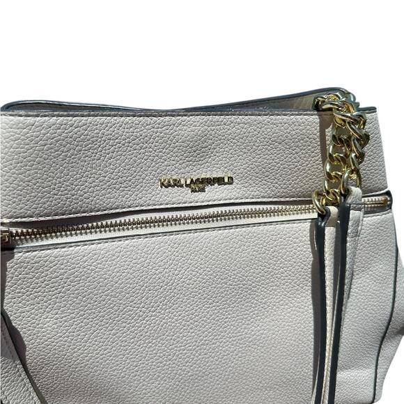 Karl Lagerfeld Cream & Gold Shoulder Bag Agyness Design Triple Compartment EUC - Picture 11 of 15